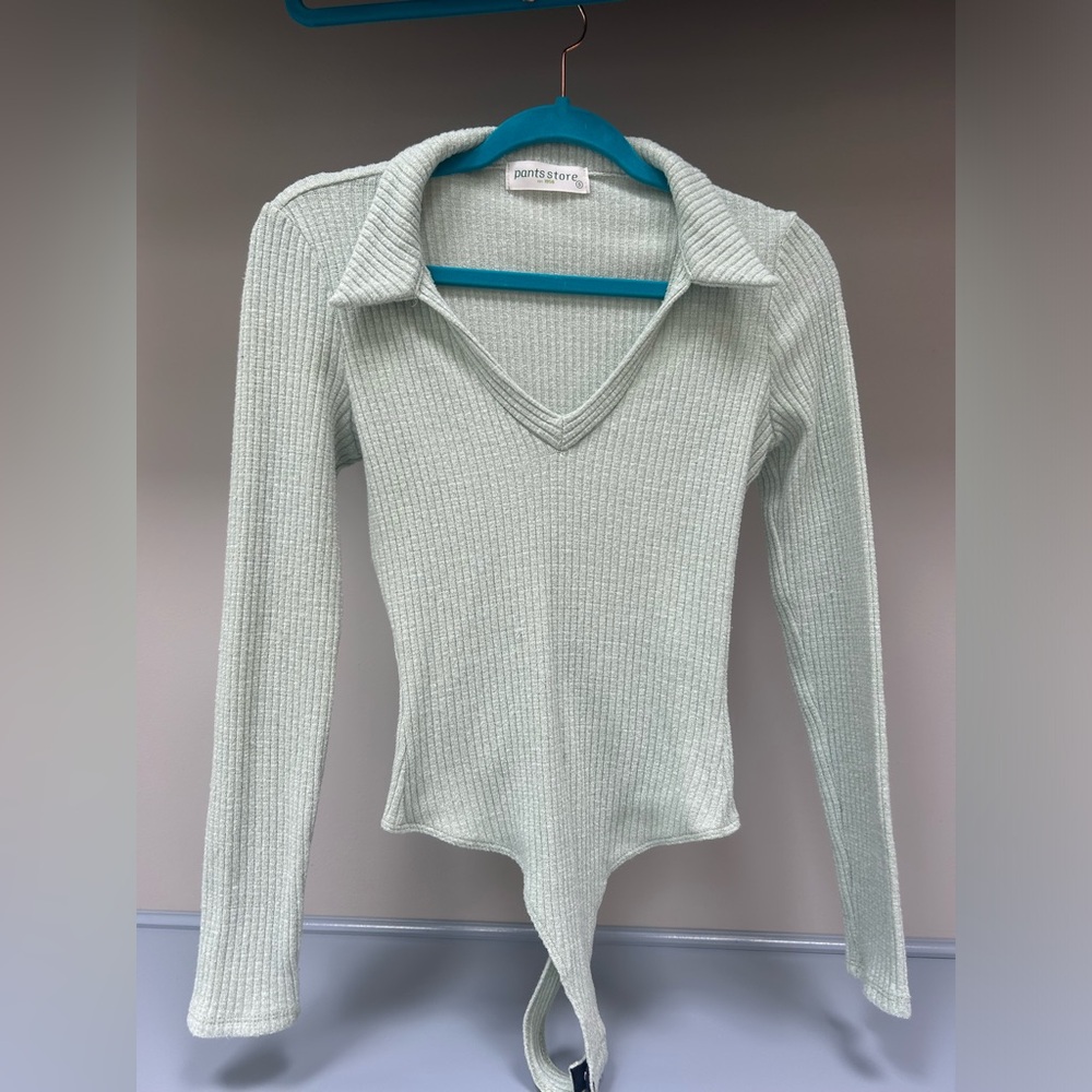 The Pants Store:  Mint Green cotton bodysuit v-neck with collar